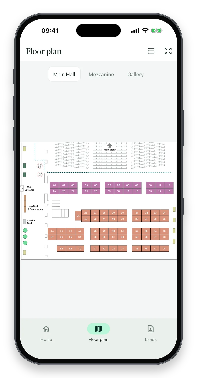Interactive event floor plan showing halls, stands and the registration desk